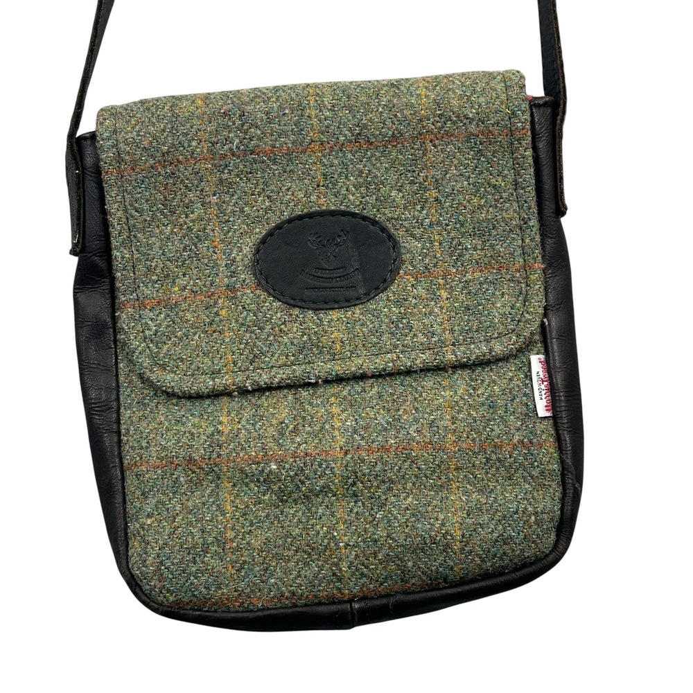 Harris Tweed Crossbody Bag Women Small Green Brown Plaid Wool Leather Stag Logo